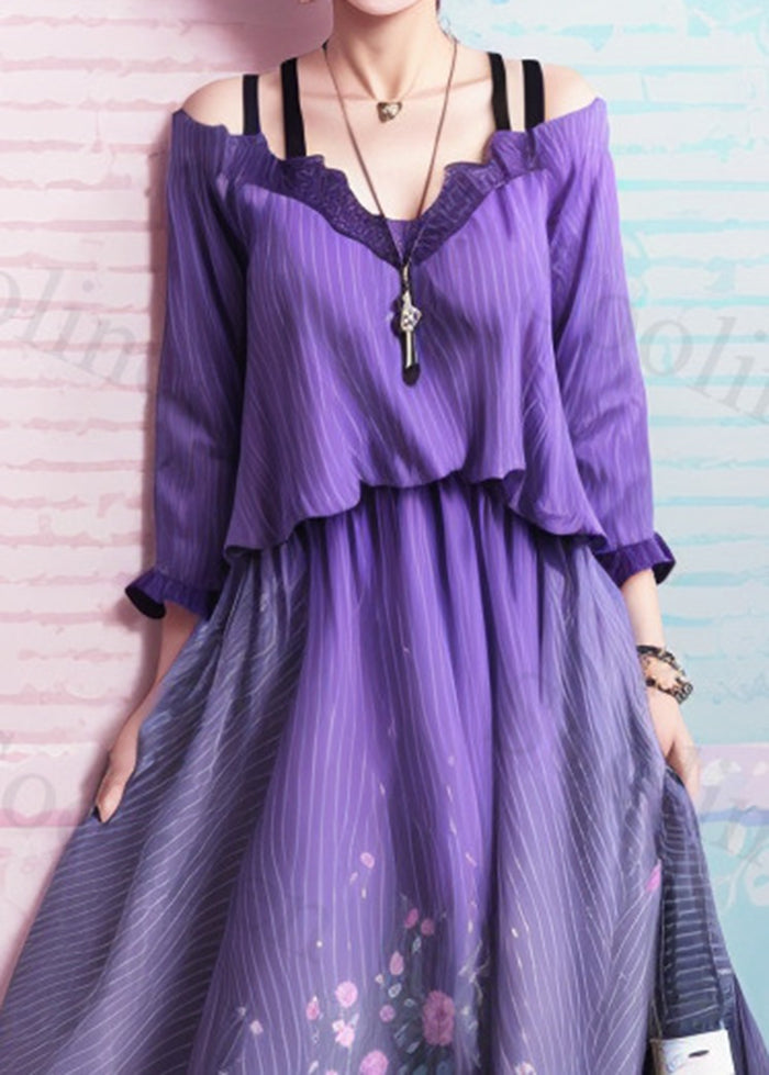 Art Purple Striped Cold Shoulder Exra Large Hem Silk Dresses Summer
