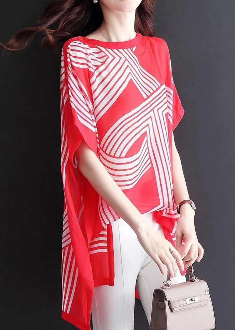 Red O Neck Print Patchwork Chiffon Tops Batwing Sleeve