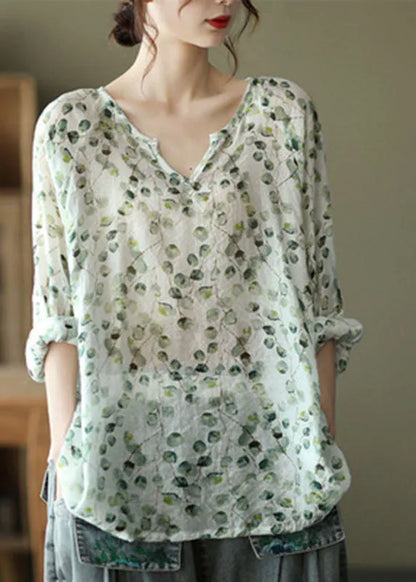 Stylish Green V Neck Print Fall Tops Long Sleeve