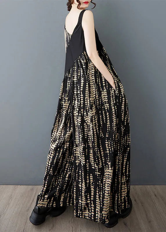 Black Oversized Patchwork Print Cotton Jumpsuit Summer