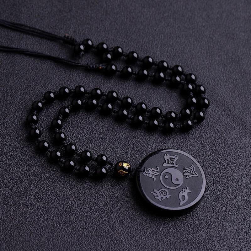 Buddha Stones Natural Black Obsidian Taoism Five Sacred Mountains Nine-character Mantra Carved Strength Yin Yang Necklace Pendant Key Chain