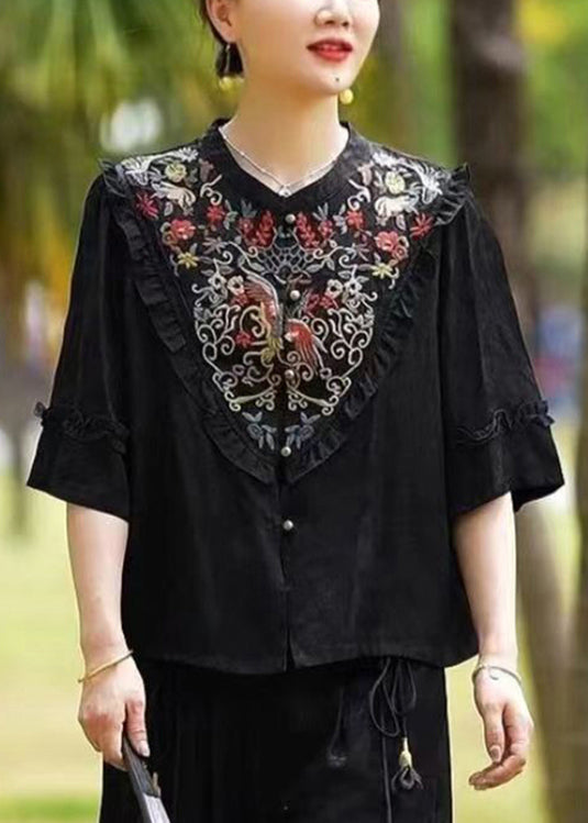 Black Ruffled Embroideried Patchwork Silk Tops Half Sleeve