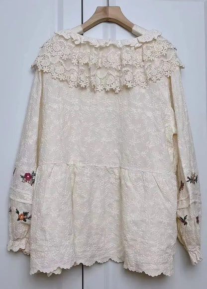 Beige Embroideried Lace Patchwork Cotton Shirt Spring