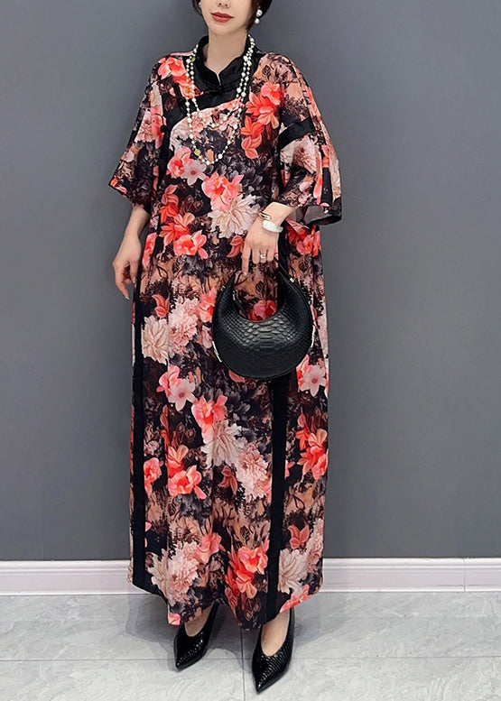 Chinese Style Red Stand Collar Print Chiffon Dresses Fall