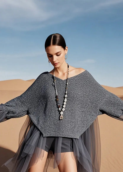 Asymmetrical Tulle Patchwork Knit Sweater Summer