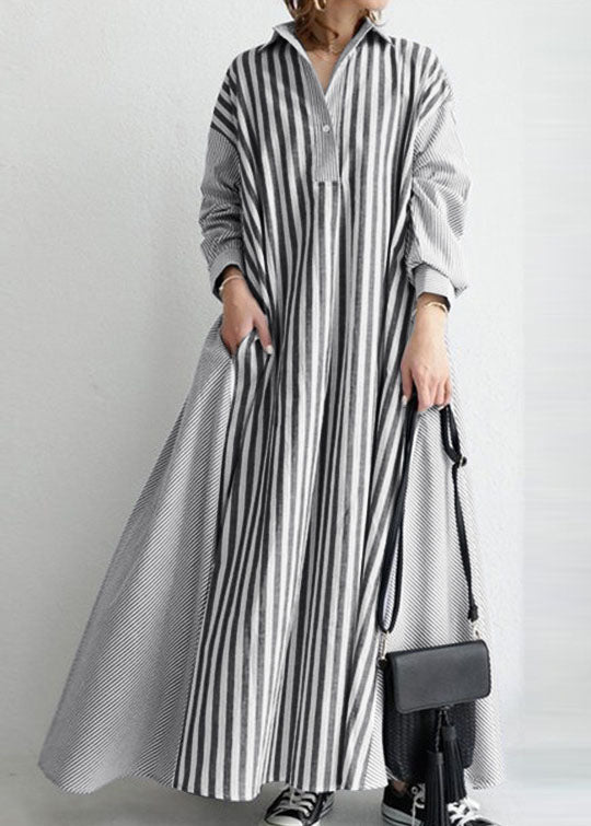 European and American Style Black Peter Pan Collar Striped Cotton Shirts Dress Spring