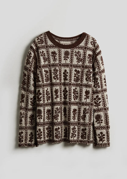 Coffee O Neck Jacquard Knit Sweater Winter