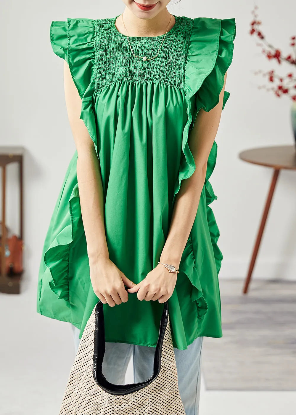 Modern Green O-neck Wrinkled Patchwork Ruffles Cotton Tops Sleeveless