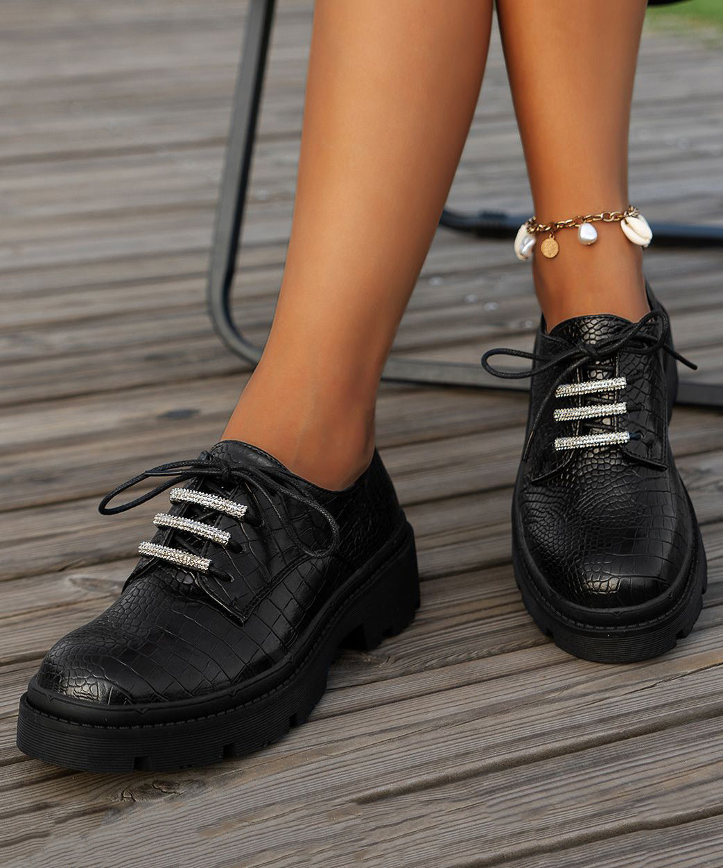 New Black Round Head Lace Up Faux Leather