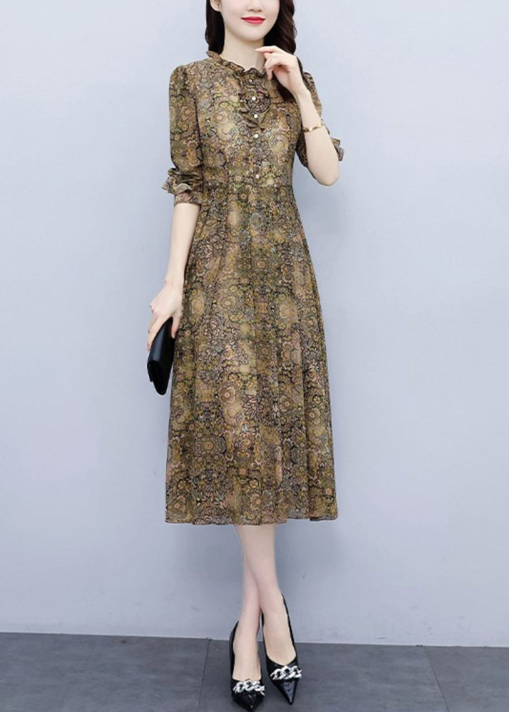 Ruffled Print High Waist Chiffon Dress Long Sleeve Fall