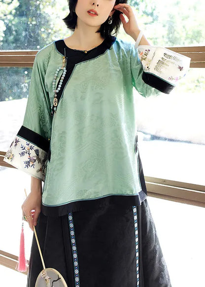 Green O-neck Embroideried Patchwork Jacquard Silk Top Long Sleeve