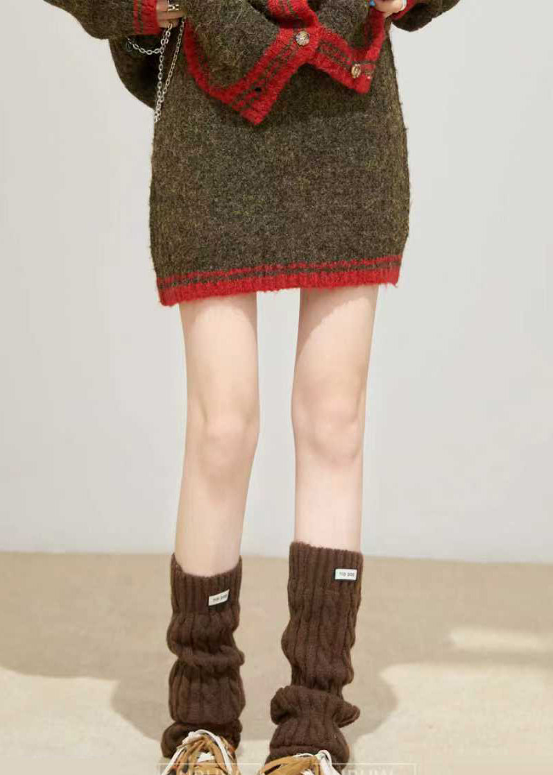 Brown Thick Pockets Knit Loose Two Pieces Set Winter