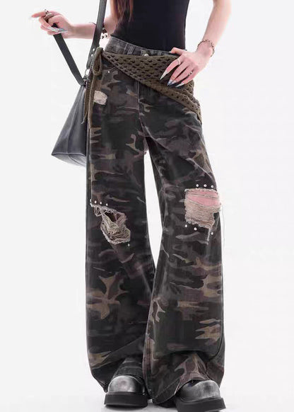 Camouflage Hole Pockets Patchwork Denim Pants Fall