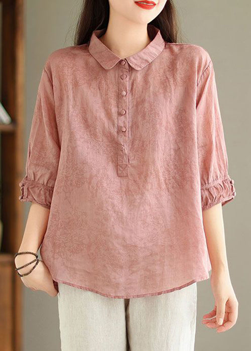 Pink Print Linen Top Button Half Sleeve