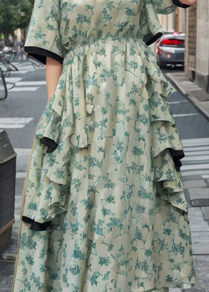 Stylish Green Ruffled Print Patchwork Silk Dresses Summer