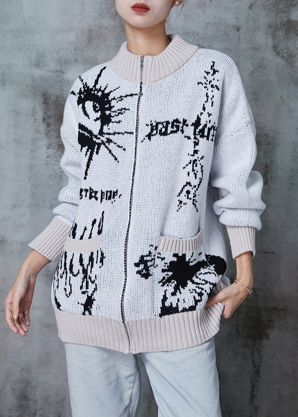 Grey Oversized Print Knit Cardigans Winter