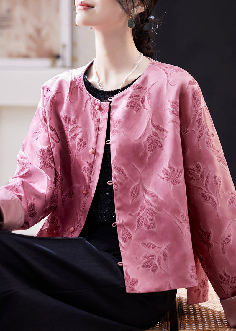 Chinese Style Pink O-neck Print Coats Batwing Sleeve