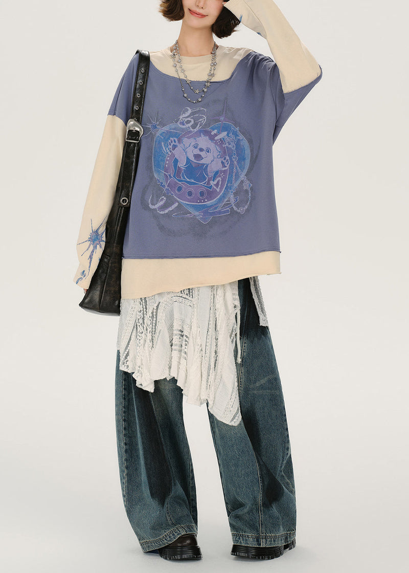 Lavender Oversized Patchwork Cotton Sweatshirt Spring