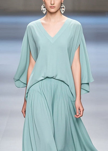 Stylish Green V Neck Chiffon Dresses Butterfly Sleeve Summer