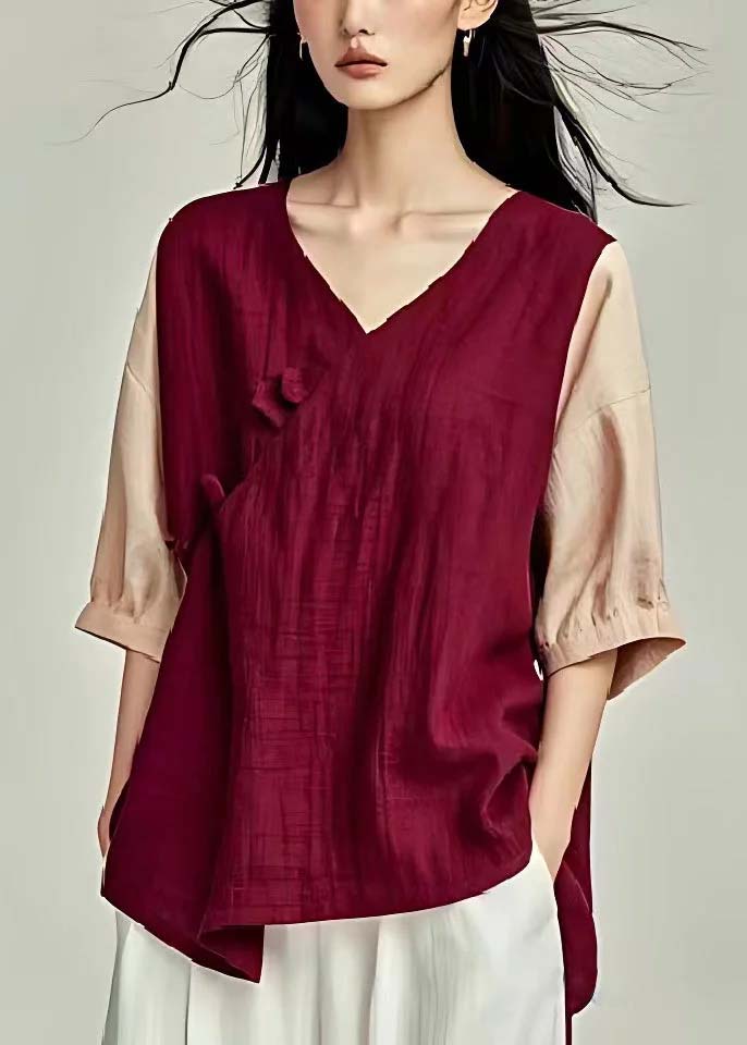 Mulberry V Neck Patchwork Linen Blouse Top Summer