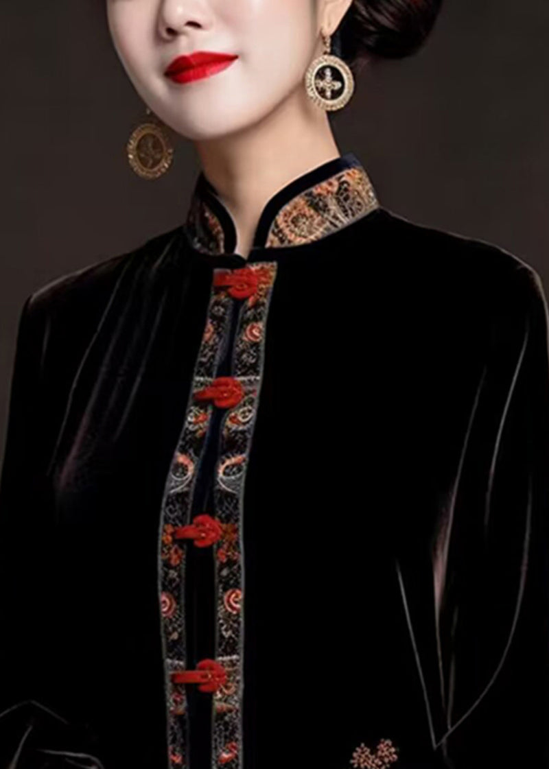 Classy Black Stand Collar Embroideried Silk Velour Coats Fall
