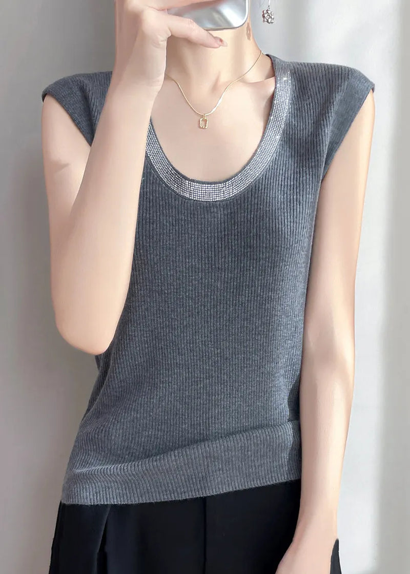 Grey Zircon Patchwork Knit Tank U Neck Sleeveless
