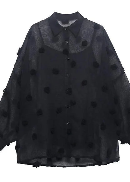 Black Simple Button Cinched Two Piece Set Clothing Chiffon Top