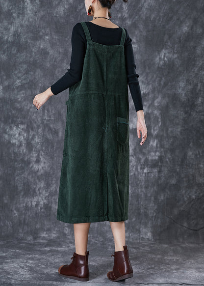 Blackish Green Oversized Pockets Corduroy Strap Dress Fall