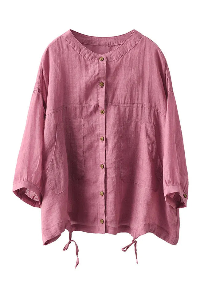 Rose O-neck Patchwork Linen Tops Bracelet Sleeve