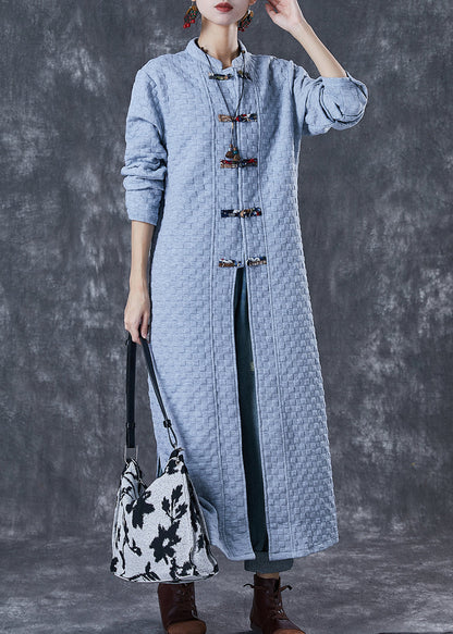 Blue Grey Chinese Button Cotton Trench Coats Fall