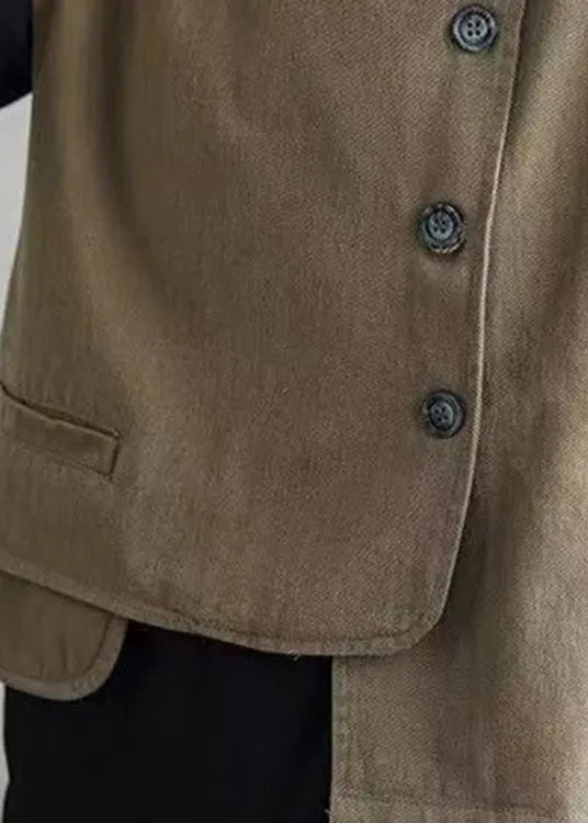Classy Khaki Retro Button Asymmetrical Design Fall Vest