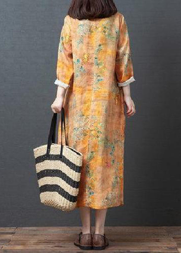 Yellow O-neck Print Tie Waist Linen Holiday Dress Spring