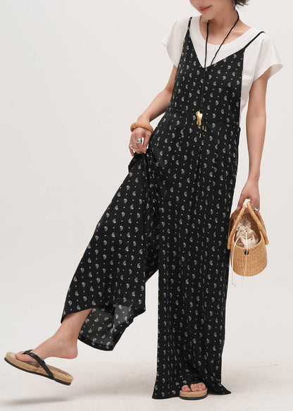 Black Oversized Print Cotton Overalls Jumpsuit Summer