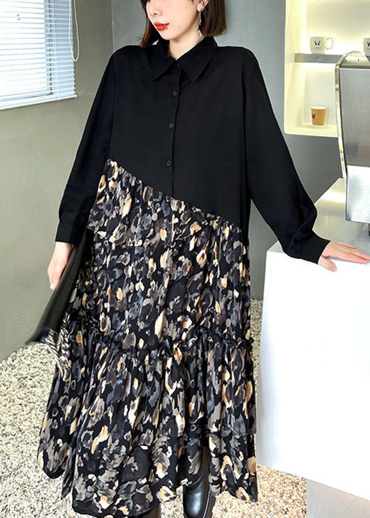 Classy Black Patchwork Button a Line Fall Long Sleeve Shirts Dress