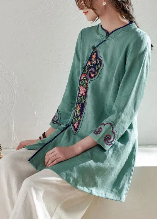 Natural Green Embroideried Button Spring Summer Linen Tops