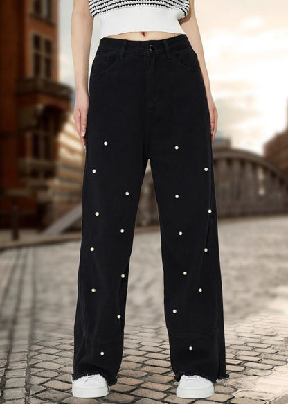 Black Pockets Pearl Straight Denim Pants Spring