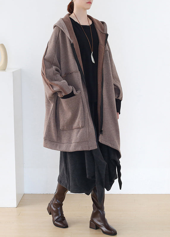 Khaki Asymmetrical Patchwork Zippered Thick Cotton Hoded Coats Fall