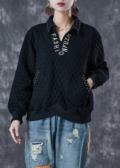 Black Letter Embroideried Rivet Cotton Pullover Sweatshirt Fall