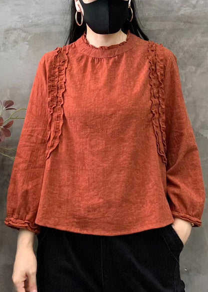 Orange O-neck Ruffled Patchwork Cotton Tops Fall