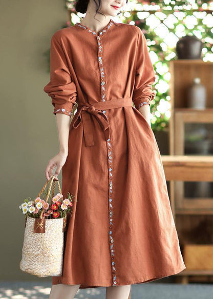 Apricot Embroideried Button Tie Waist Cotton Dress Fall