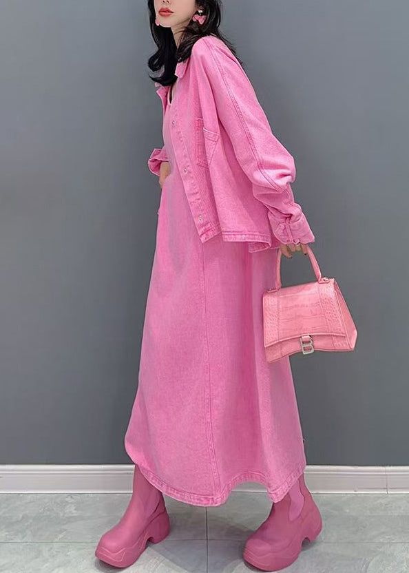 Pink Peter Pan Collar Coats and Long Dresses Two Pieces Set Puff Sleeve