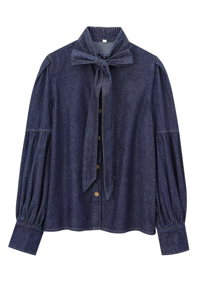 Natural Dark Blue Stand Collar Bow Patchwork Denim Shirt Spring