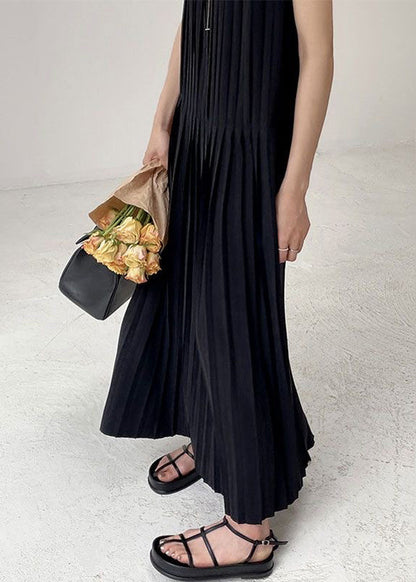 Black O-neck Wrinkled Chiffon Long Dress Summer