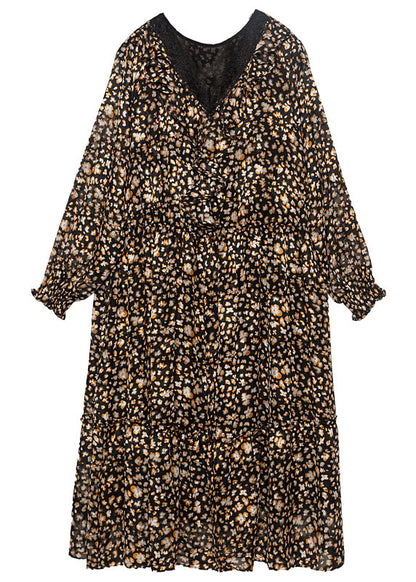Khaki V Neck Print Chiffon Maxi Dresses Summer