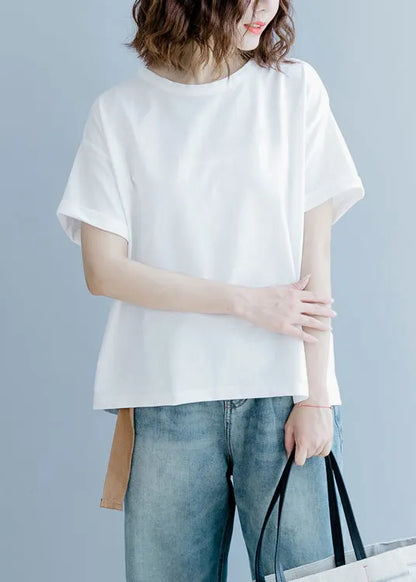 Organic Black O-neck Bow Cotton Tops Short Sleeve