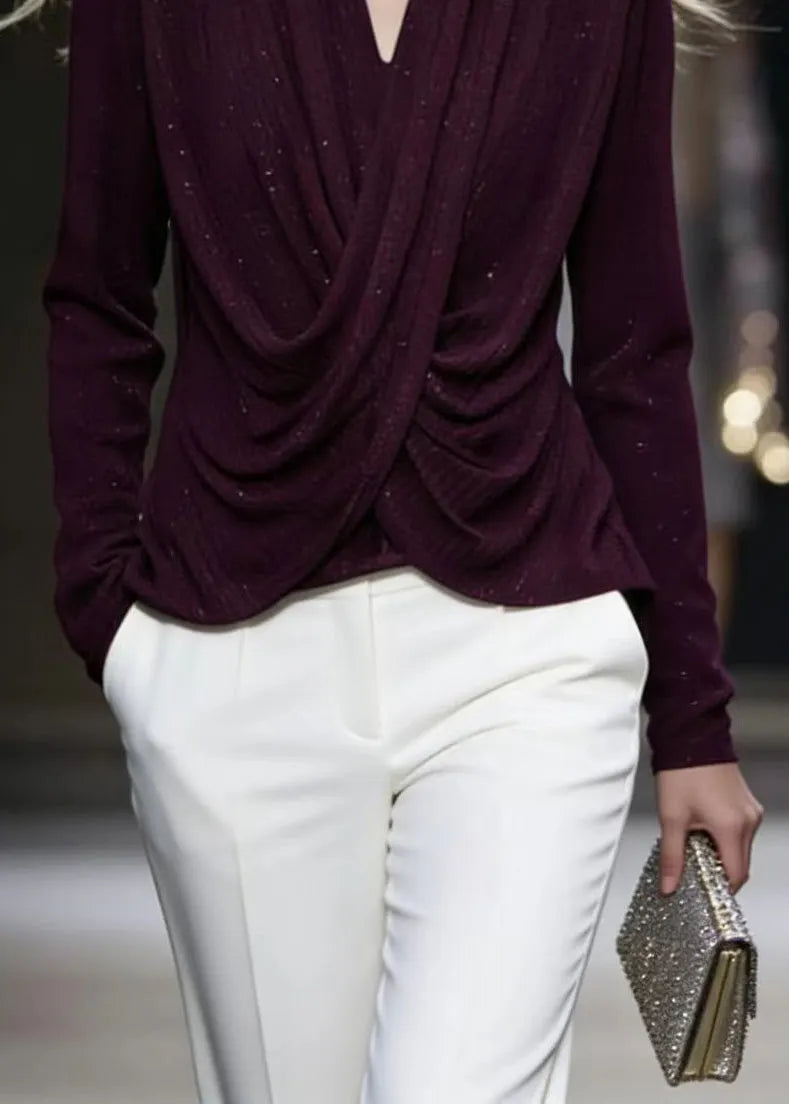 French Purple V Neck Wrinkled Cotton Shirt Top Spring