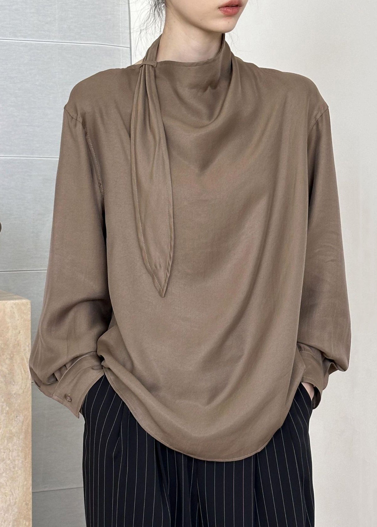 Coffee Cotton Shirt Asymmetrical Fall