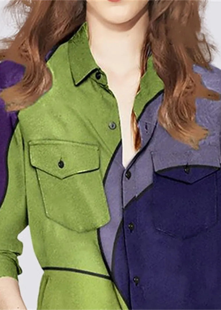 Colorblock Peter Pan Collar Button Pocket Print Shirt Long Sleeve