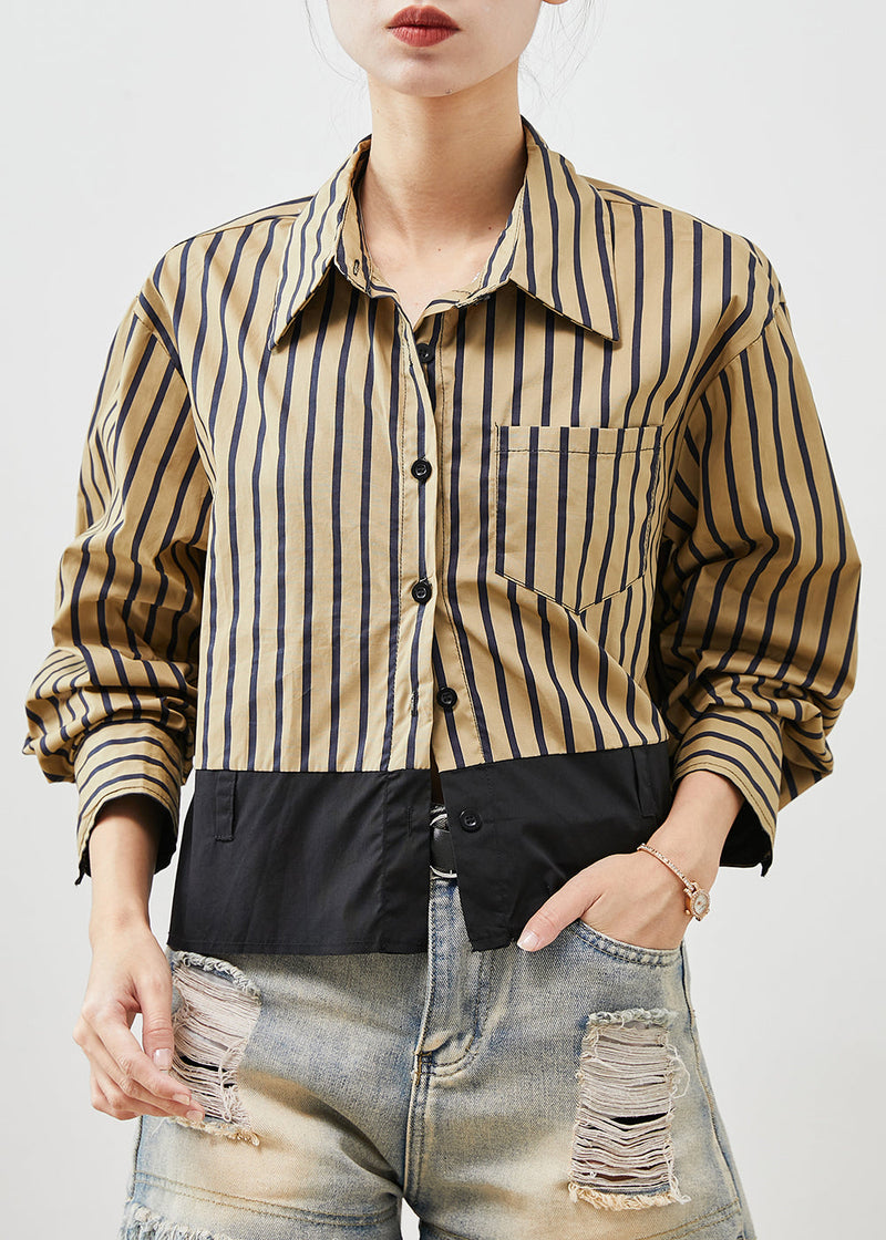 Diy Khaki Striped Patchwork Cotton Blouses Spring