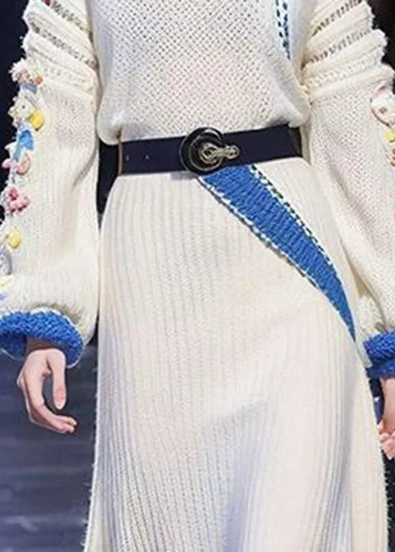 Brief White Stand Collar Tie Waist Cotton Knit Sweater Dress Long Sleeve